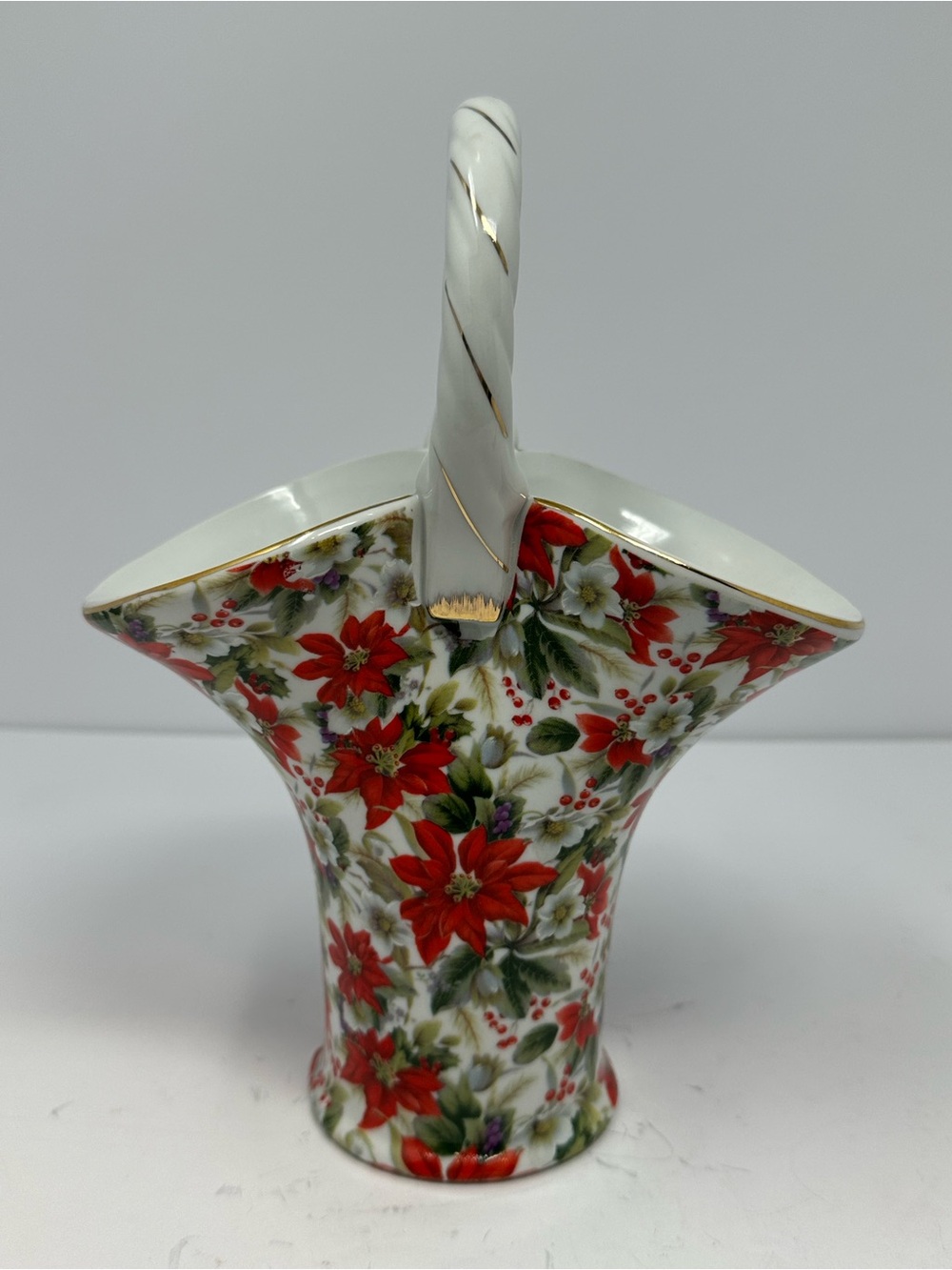 Vintage Baum Brothers Formalities Basket Vase Red Poinsettia Chintz Collective